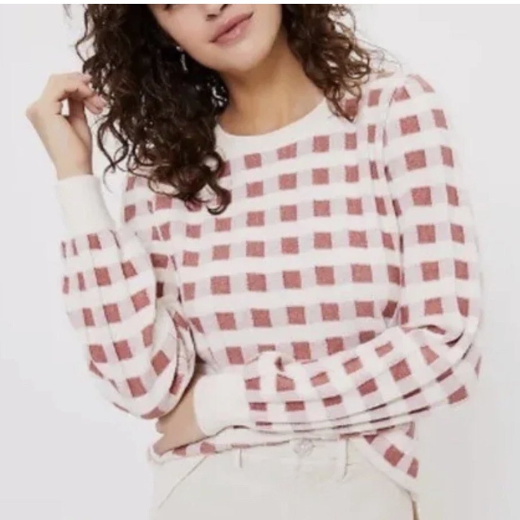 Ann Taylor Loft Petite Gingham Knit Sweater Pink White Size M Petite